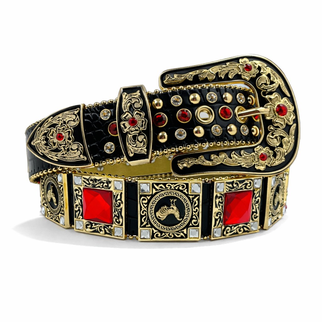Black tooled western leather belt with red stone accents
