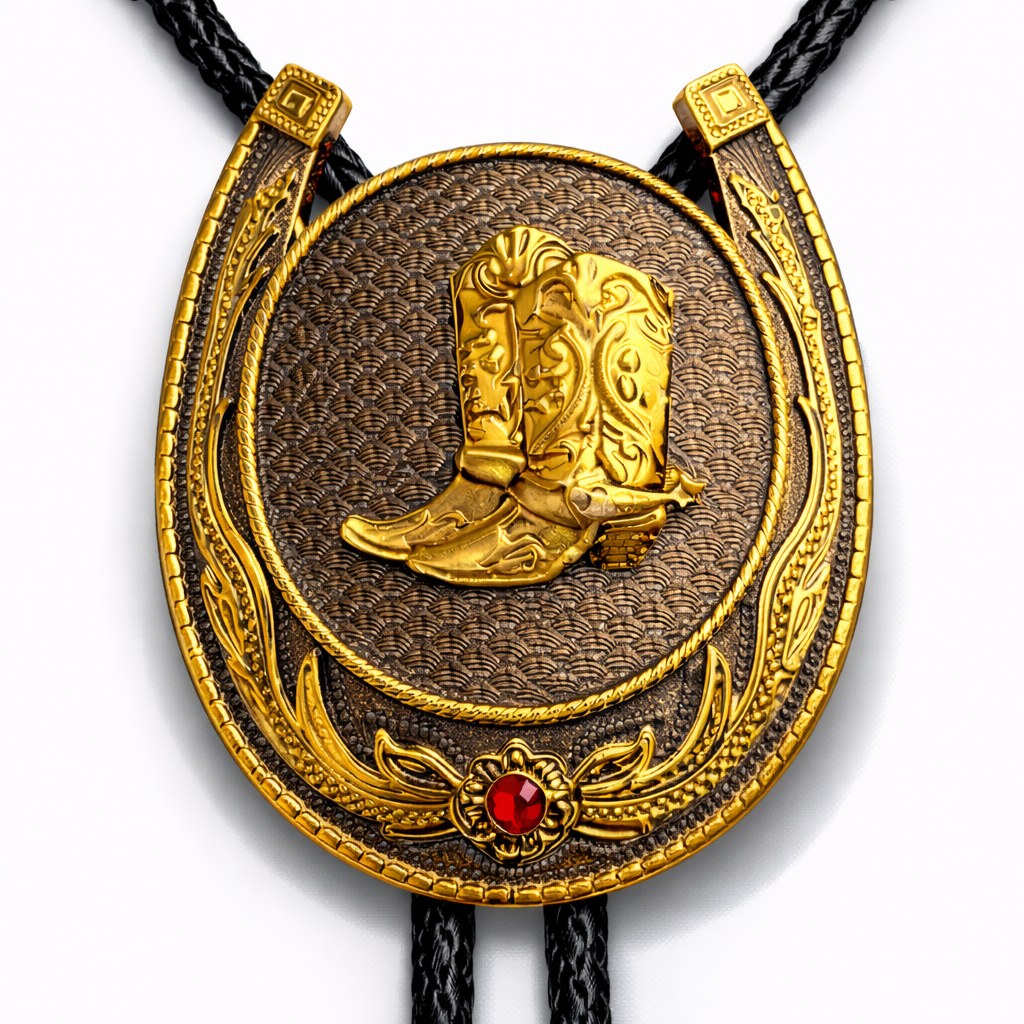 Gold and black western bolo tie with boot emblem