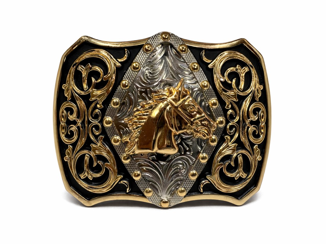 Western metal belt buckle with horse design