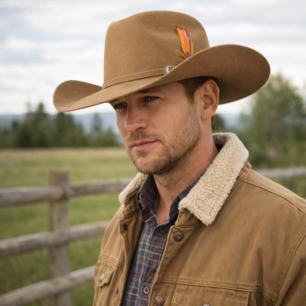 Cowboy hat worn with a western jacket near a ranch fence