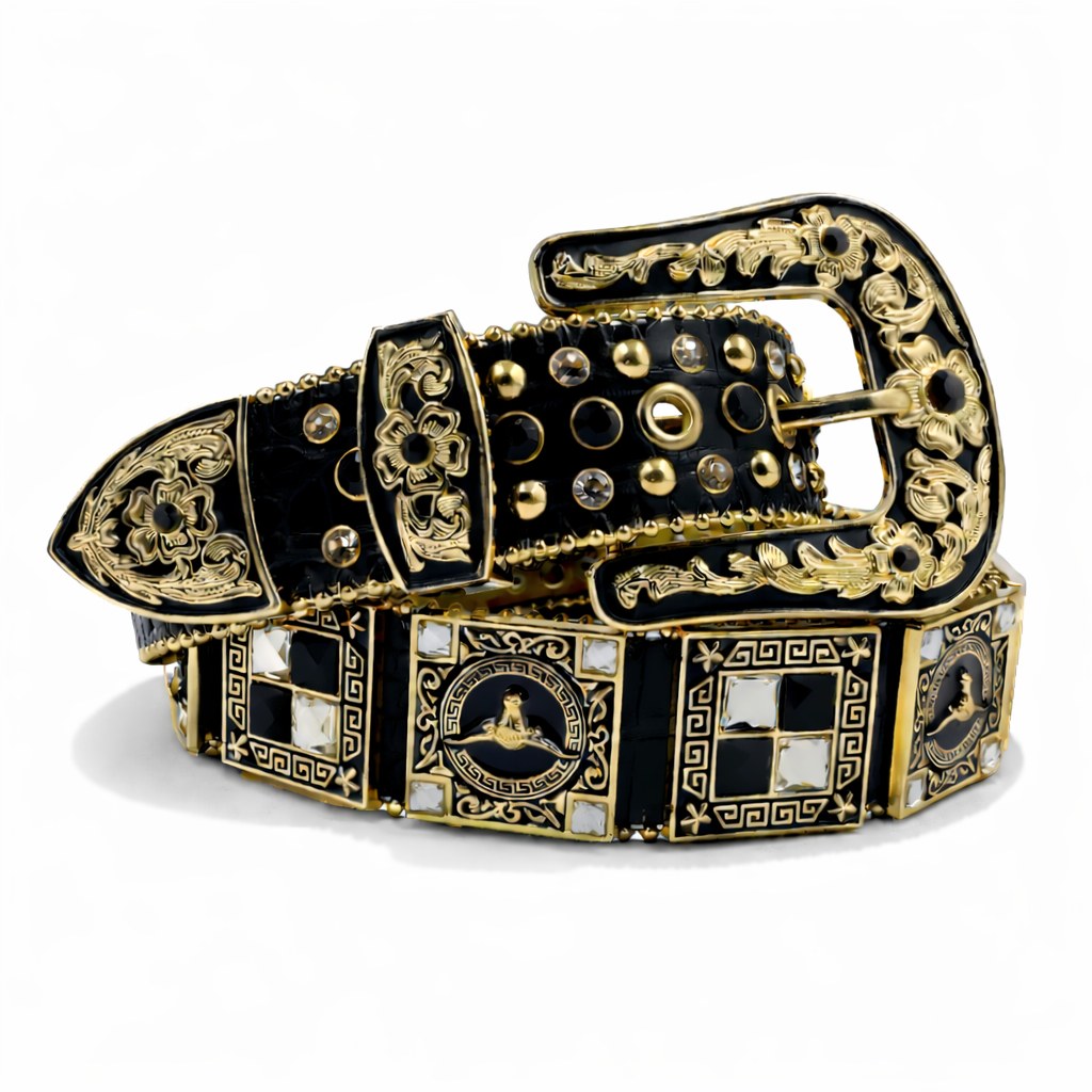 Black and gold western leather belt with buckle