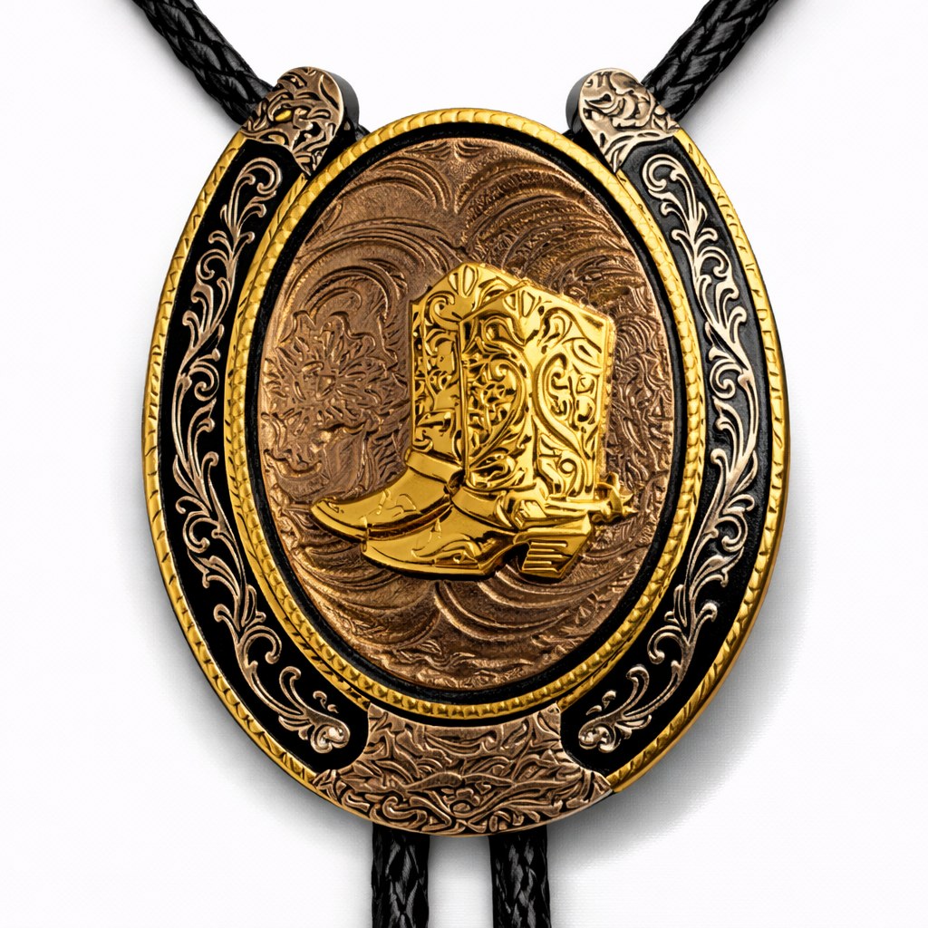 Gold western bolo tie with horseshoe and boot emblem