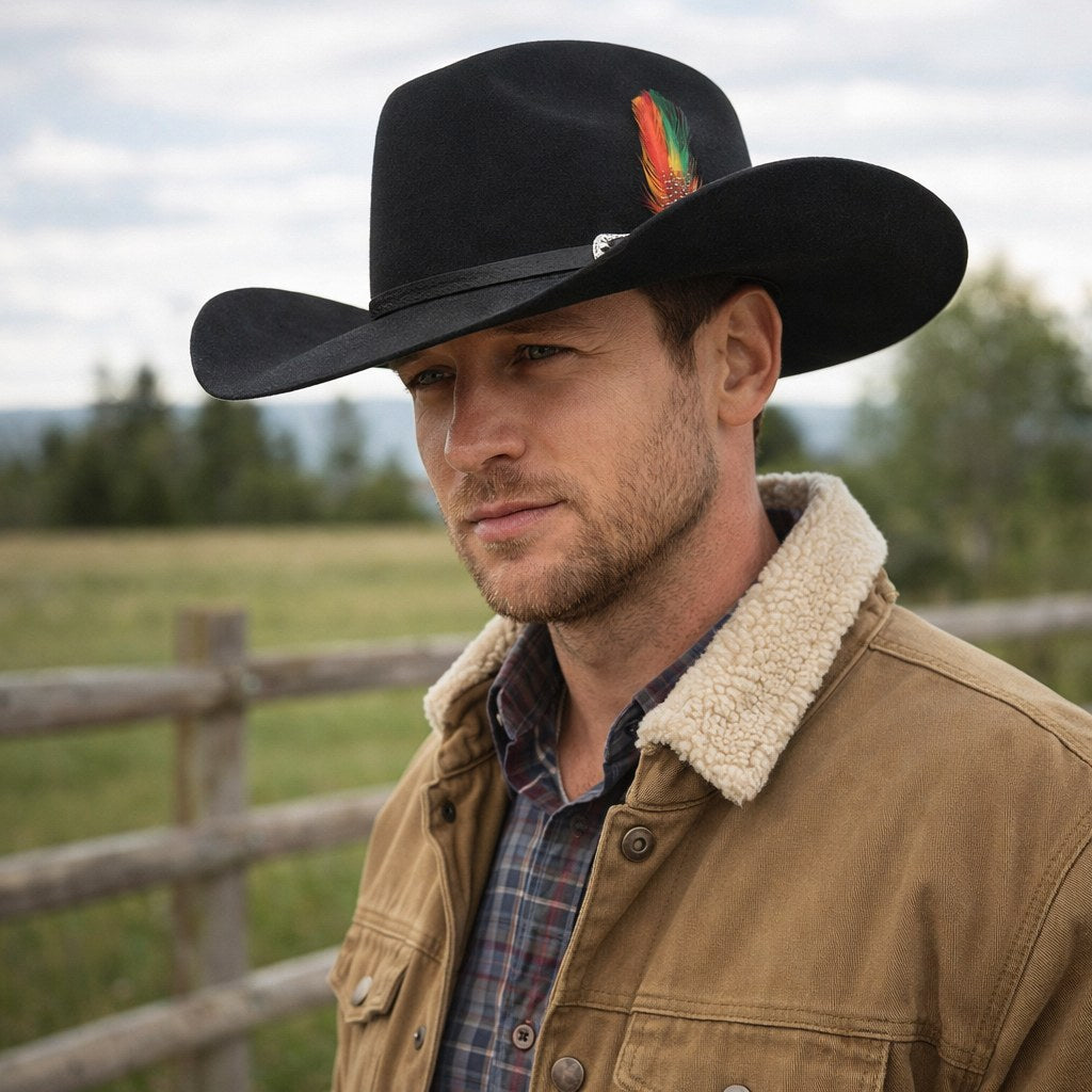 Black cowboy felt hat worn with a western jacket